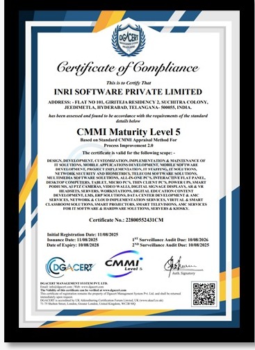 CMMI Maturity Level 5 Certificate of Compliance — INRI Software Private Limited